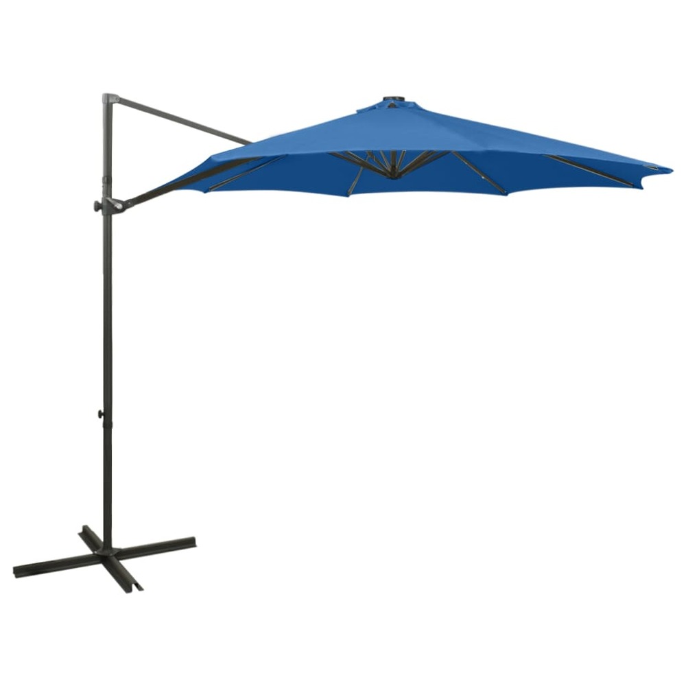 Parasol meuble de jardin déporté avec mât et lumières led 300 cm bleu azur