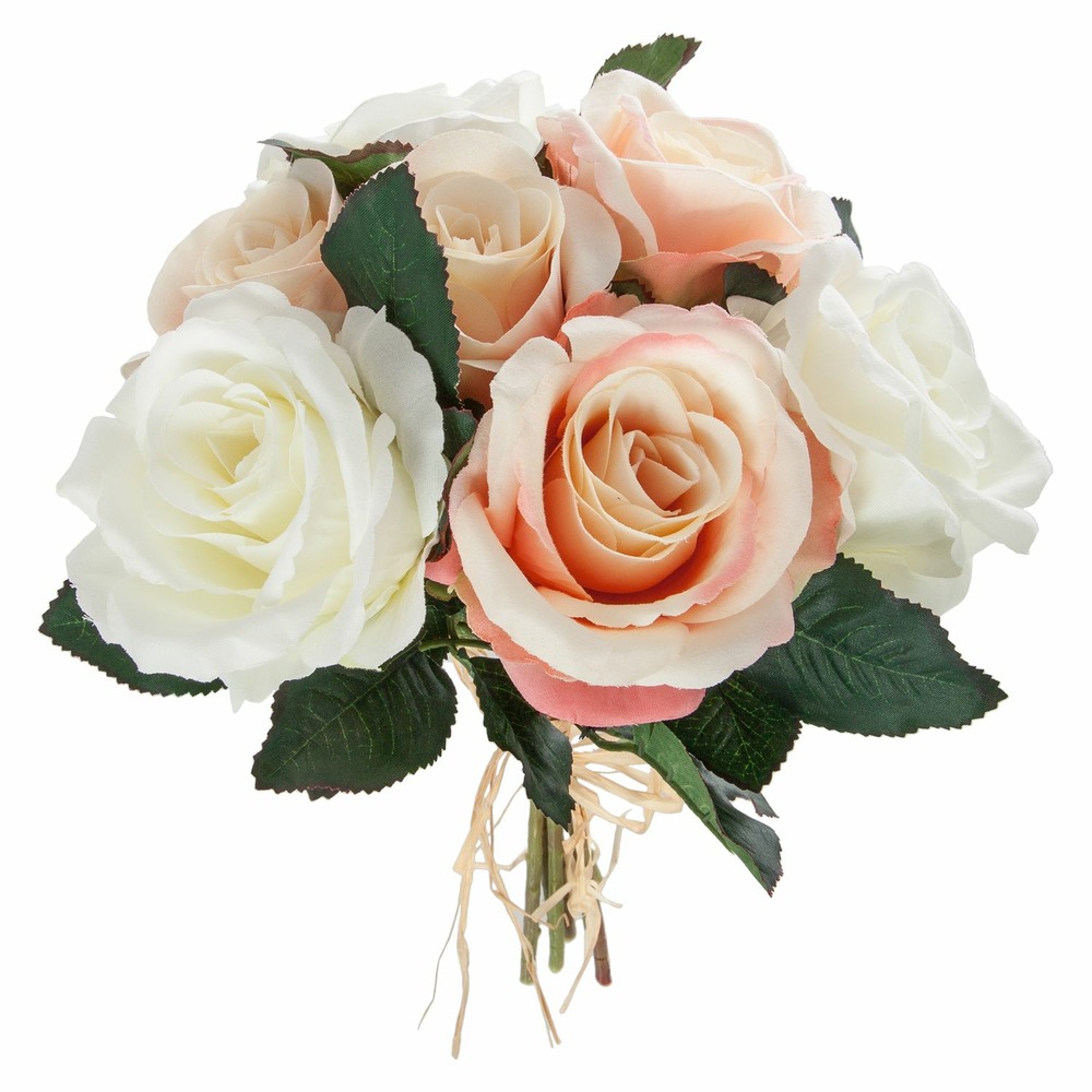 Bouquet de 7 roses vieillies - h. 30 cm - blanc et rose