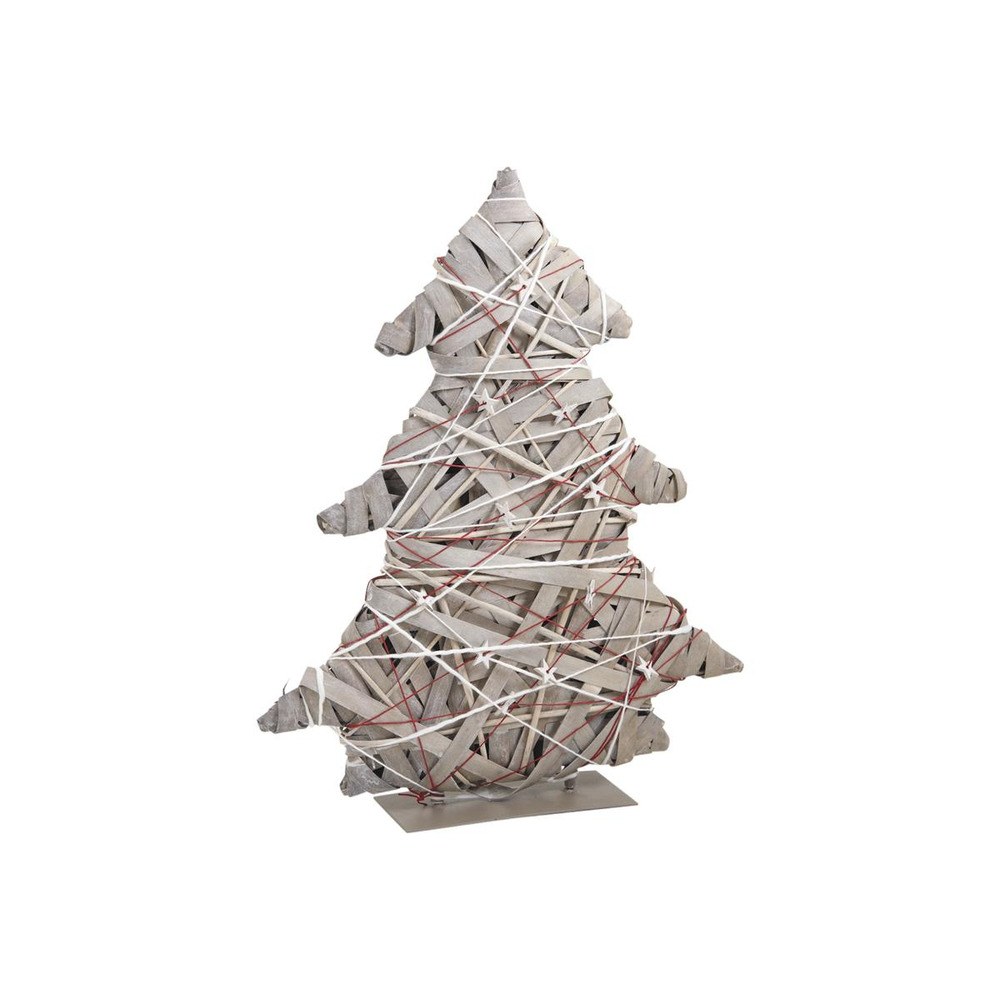 Sapin décoratif en bois blanchi avec base métal et guirlandes ficelle 42×9×52 cm