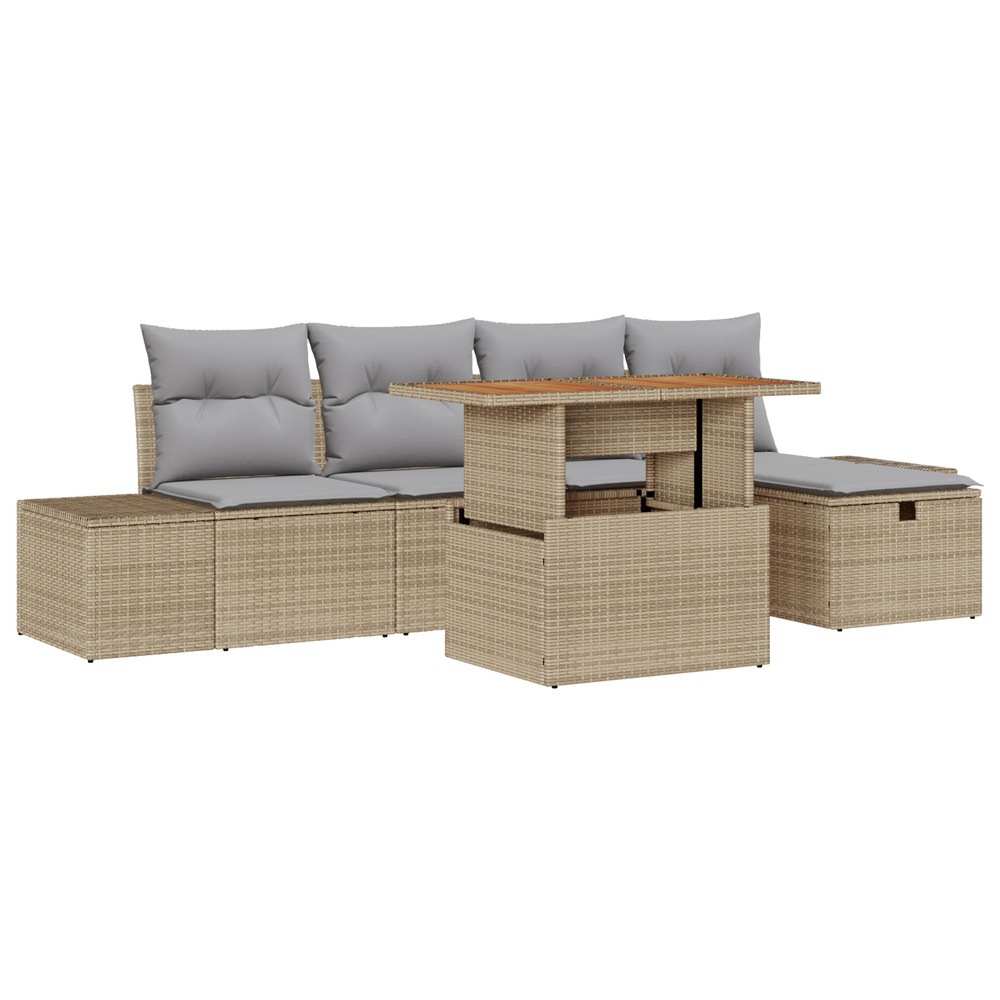 Ensemble de canapé de jardin 6 pièces avec coussins beige en poly rattan
