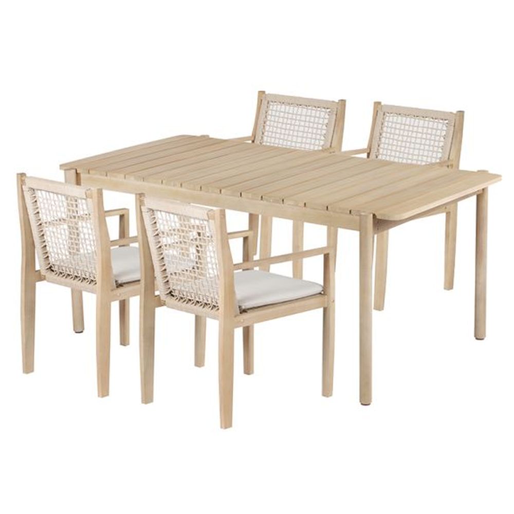 Ensemble table 180cm et 4 fauteuils samoa en bois d'acacia fsc blanchi ...