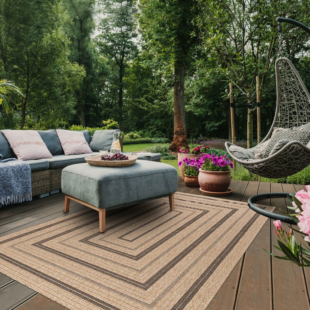 Tapis extérieur 120x170 tissé kilim beige et noir jute art 5