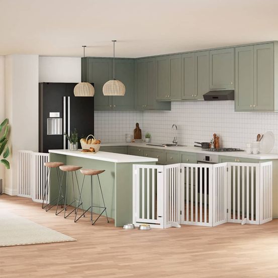 Barrière de sécurité pliable 9 panneaux en bois blanc, parc chien modulable 4.5m avec porte