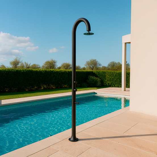 Douche noire alu avec mitigeur et large pommeau interieurexterieur
