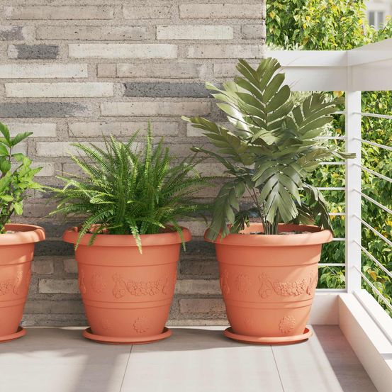Lot de 6 grands pots de fleurs plastique intérieur extérieur drainage 39x32 cm rouge brique