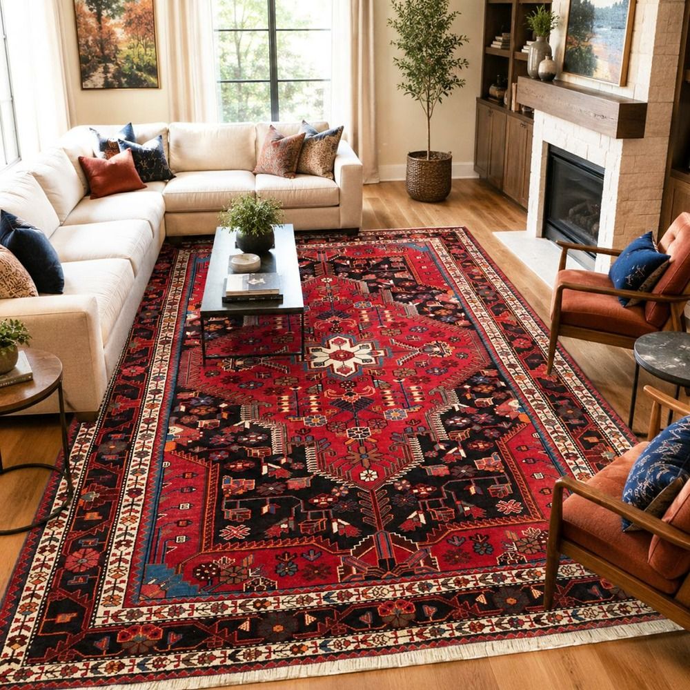Tapis d'orient 146 x 217 cm, rouge, bleu et noir, en laine, noué main, hamadan 28