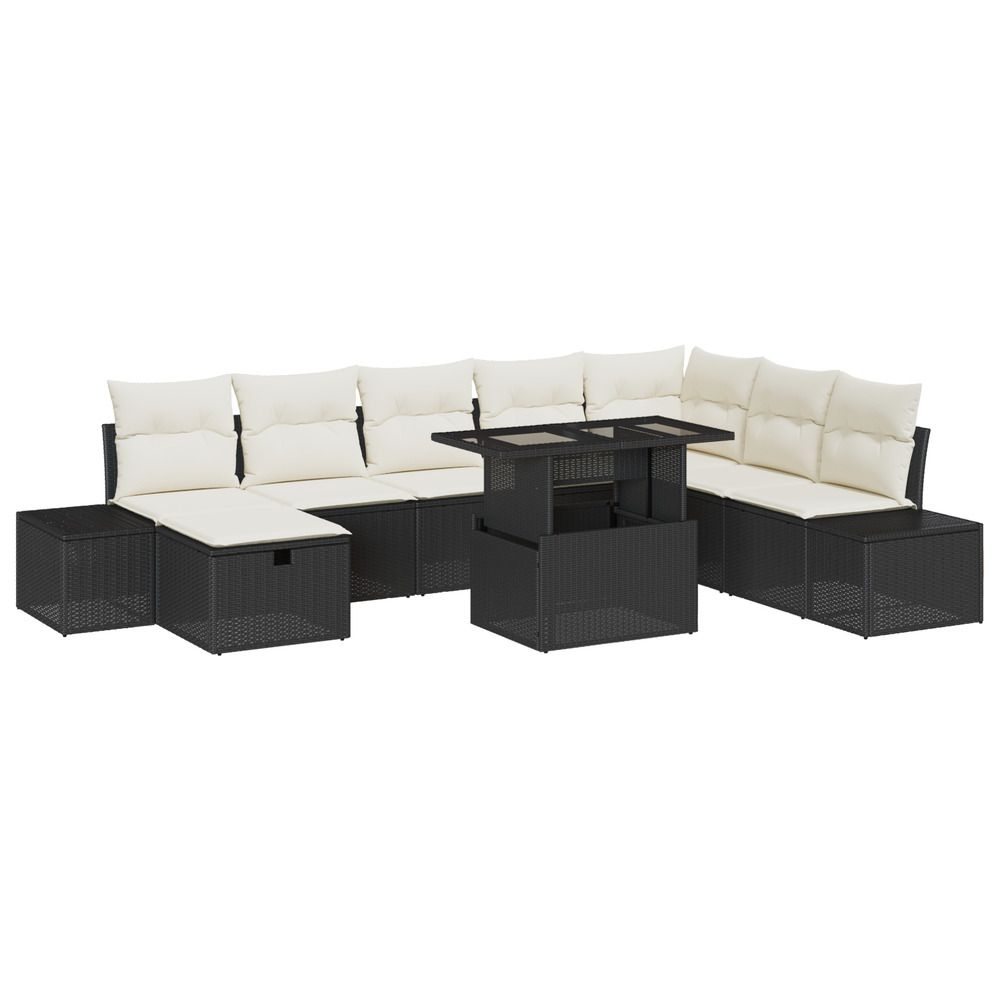 Ensemble de canapé de jardin de 9 pièces avec coussins noir poly rattan