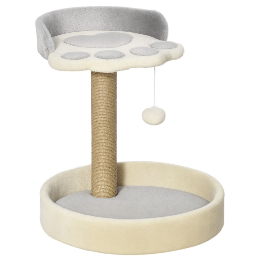 Petit arbre à chat 44 cm en bois avec 2 lits et poteau en jute pour chatons gris clair