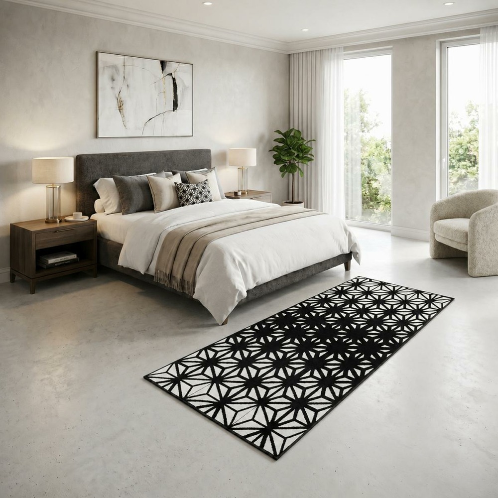 Tapis chambre 80x150 tissé noir rectangle motif géométrique lyn1 recto