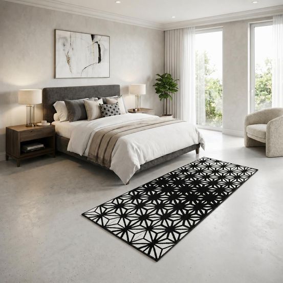 Tapis chambre 80x150 tissé noir rectangle motif géométrique lyn1 recto