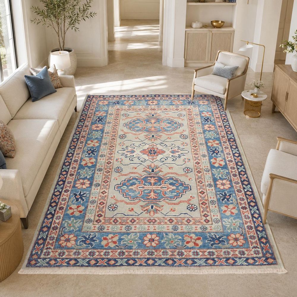 Tapis d'orient 79 x 118 cm, crème, bleu et rouge, en laine, kazak co 67