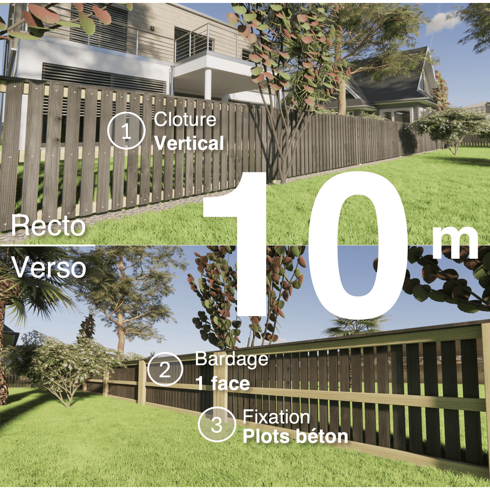 Kit clôture bois moderne 10m – h 0,9m – 20 x 70 mm noir par trempage – pose vertical – simple face – à sceller