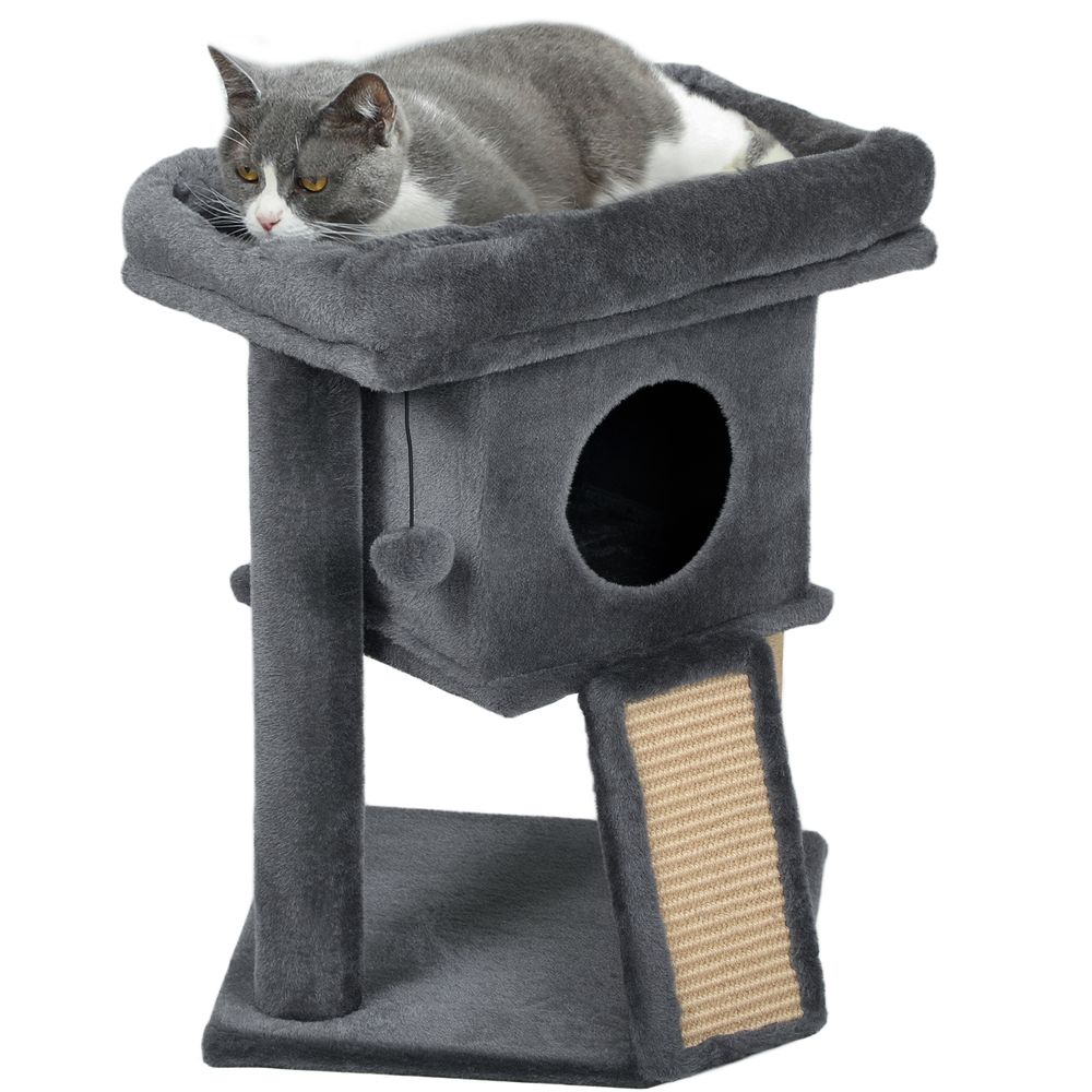 Arbre à chat bois peluche pour chaton niche avec tapis en jute 57cm gris foncé