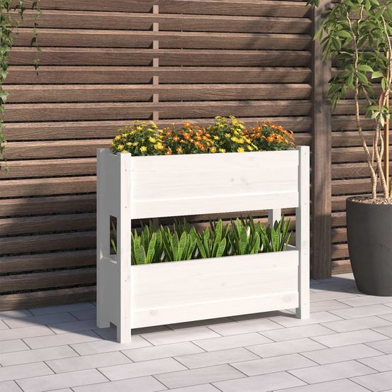 Jardinière étagère 2 bacs en bois de pin petit balcon 77 cm blanc