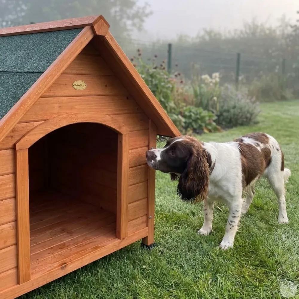 Niche chalet en bois pour chien - toit toile bitumée verte - 88x78x82 cm