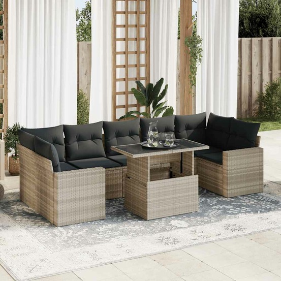 Salon de jardin 8 pcs avec coussins gris clair résine tressée