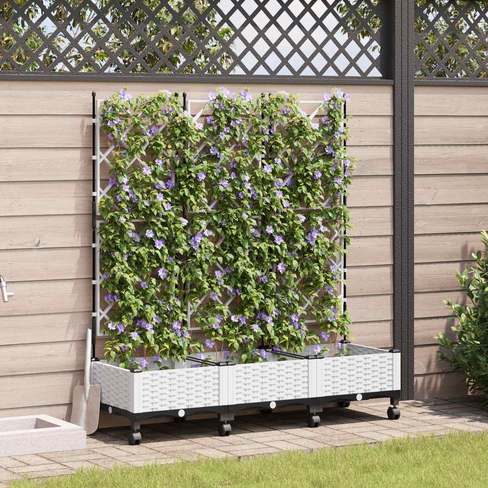 Lot 3 bacs de jardin treillis polypropylène extérieur support plantes roues blanc