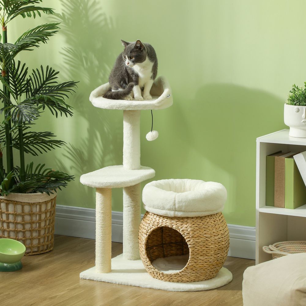 Arbre à chat sisal et roseau niche confort griffoir jouet 79cm blanc crème - comfortxl pet living
