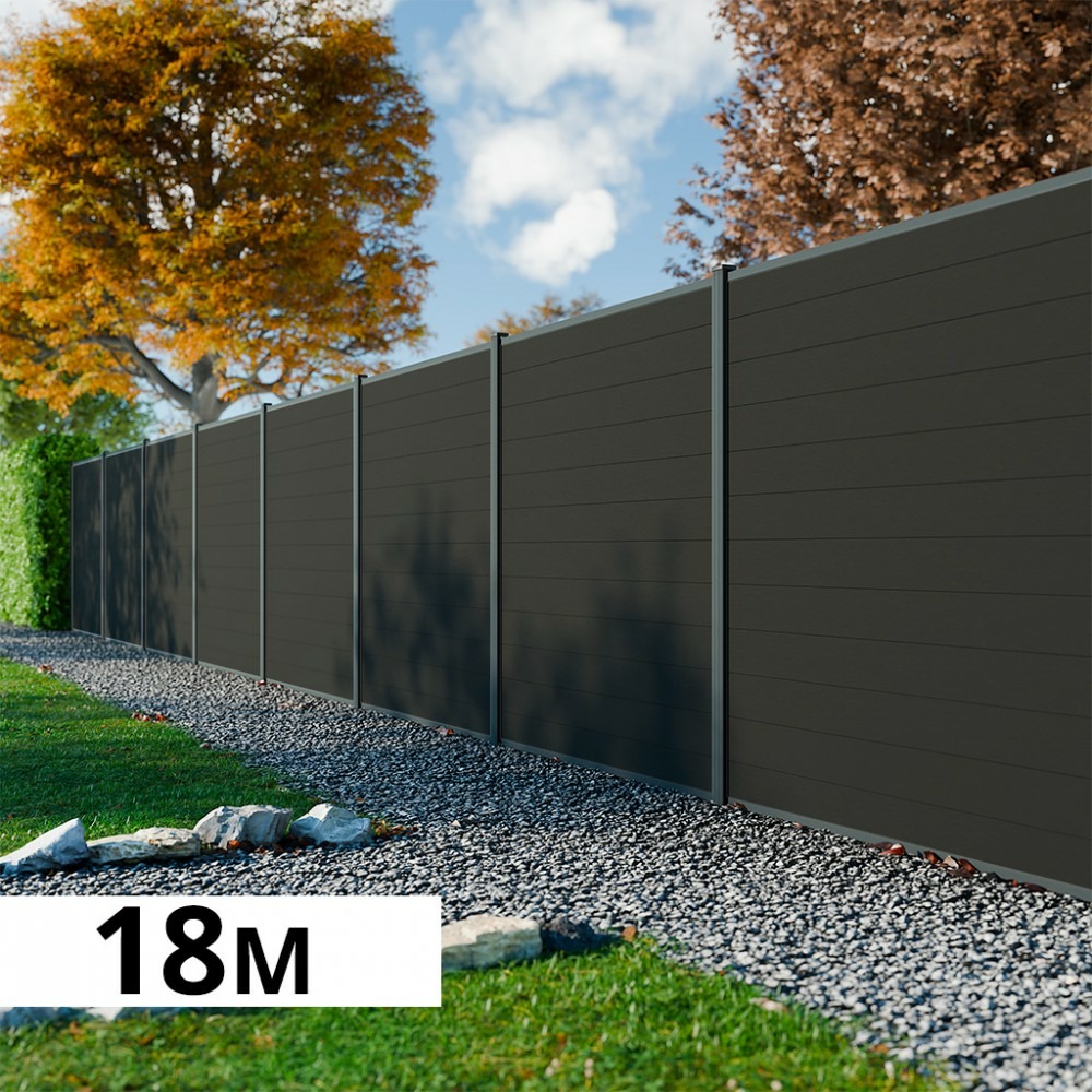 Kit clôture bois composite anthracite 18x1,8m rio - poteaux en aluminium gris - brise vue - palissade
