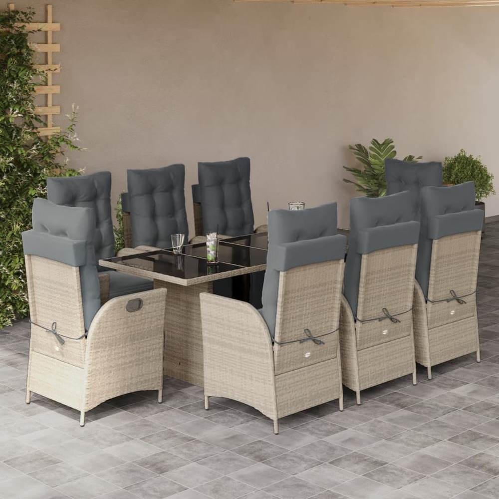 Ensemble à manger de jardin et coussins 9 pcs gris clair rotin