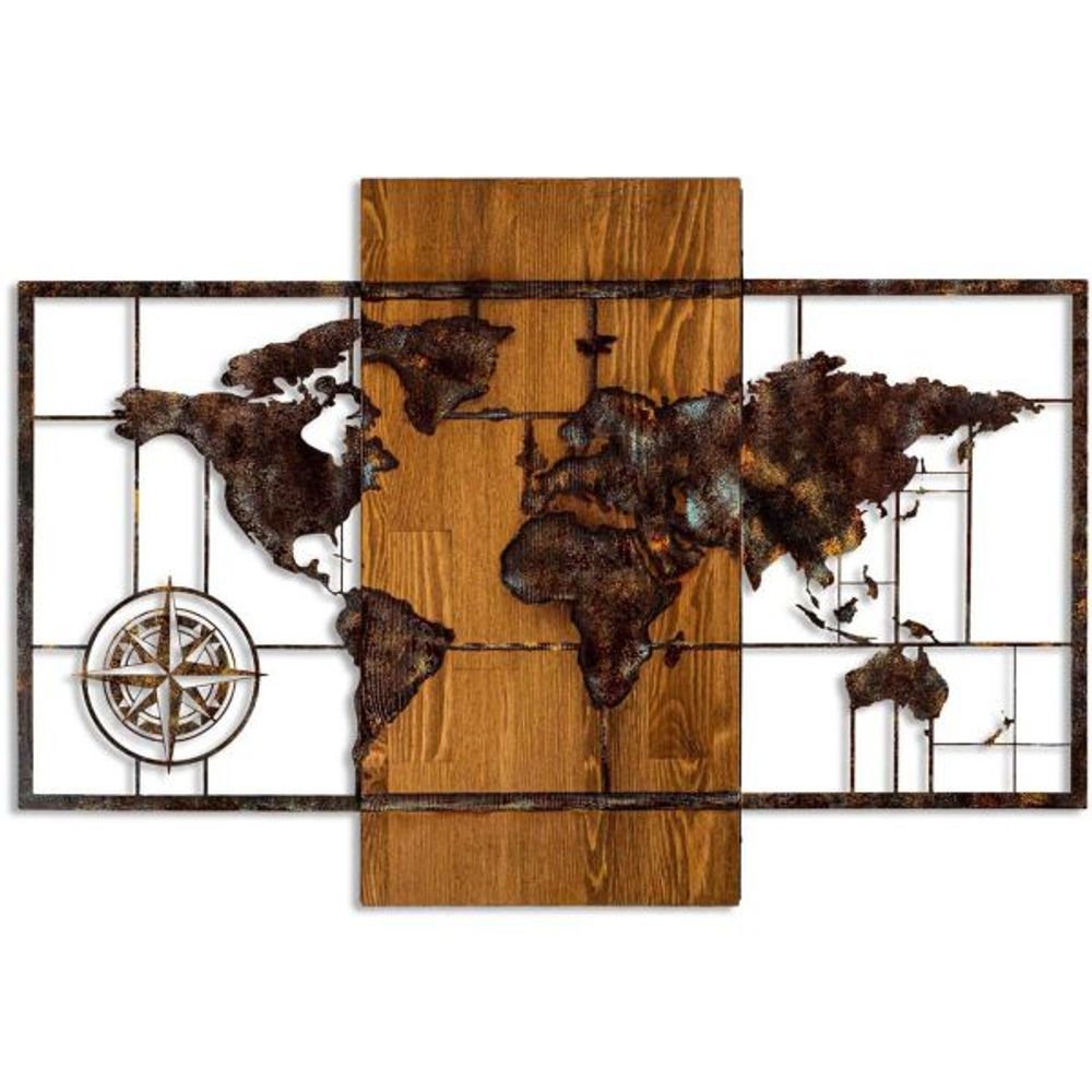 Décoration murale en bois et métal mappemonde mappemonde avec boussole