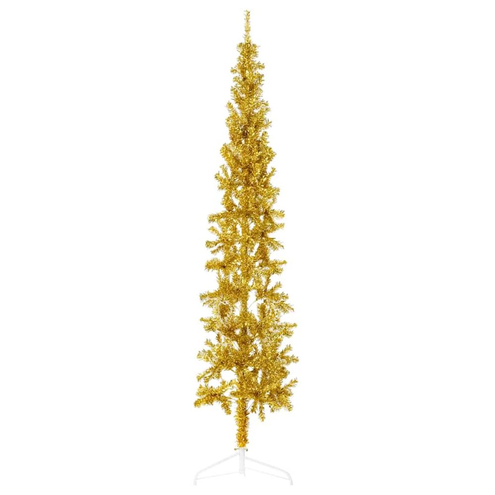 Demi sapin de noël artificiel mince avec support doré 210 cm