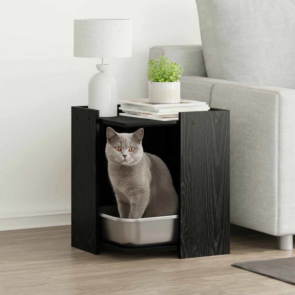Meuble litière carré bois design noir 42cm pour chat moderne chic