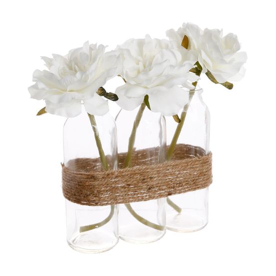 Composition artificielle de 3 roses blanches dans 3 vases en verre liés par une corde