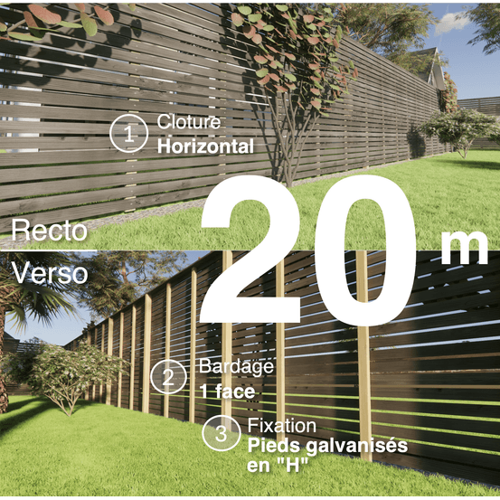 Kit clôture bois moderne 20m – h 2,3m – 20 x 70 mm noir par trempage – pose horizontal – simple face – support galva