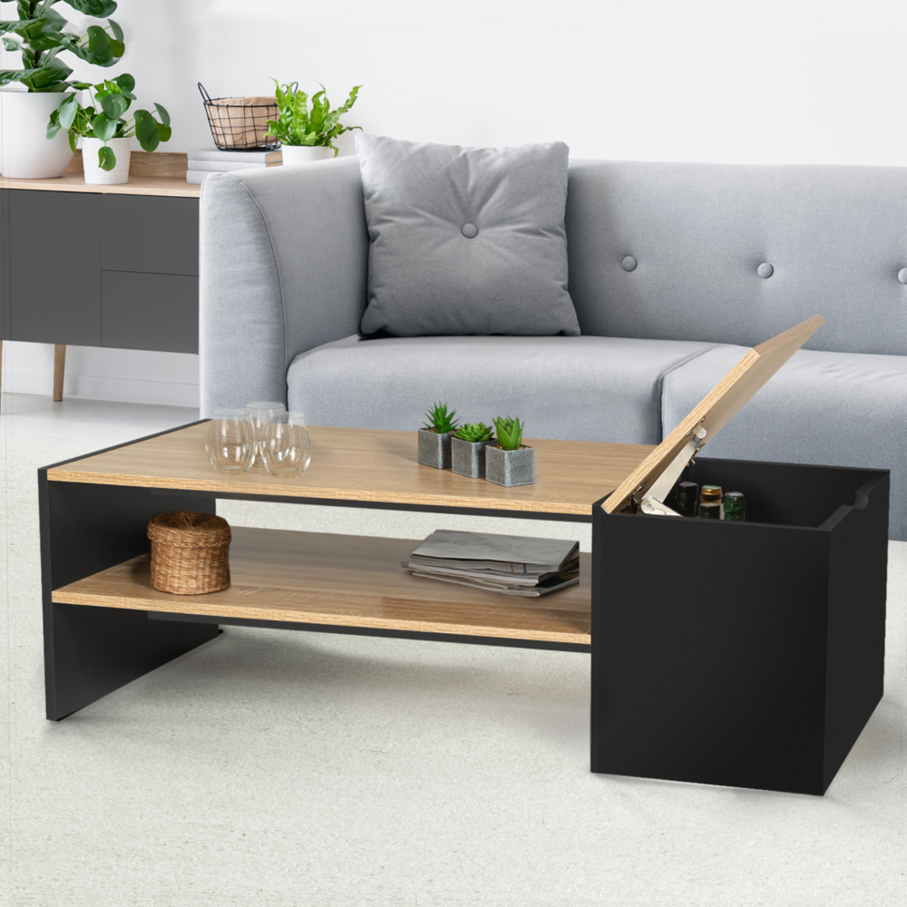 Table basse bar contemporaine rectangulaire izia avec coffre noir et plateaux bois