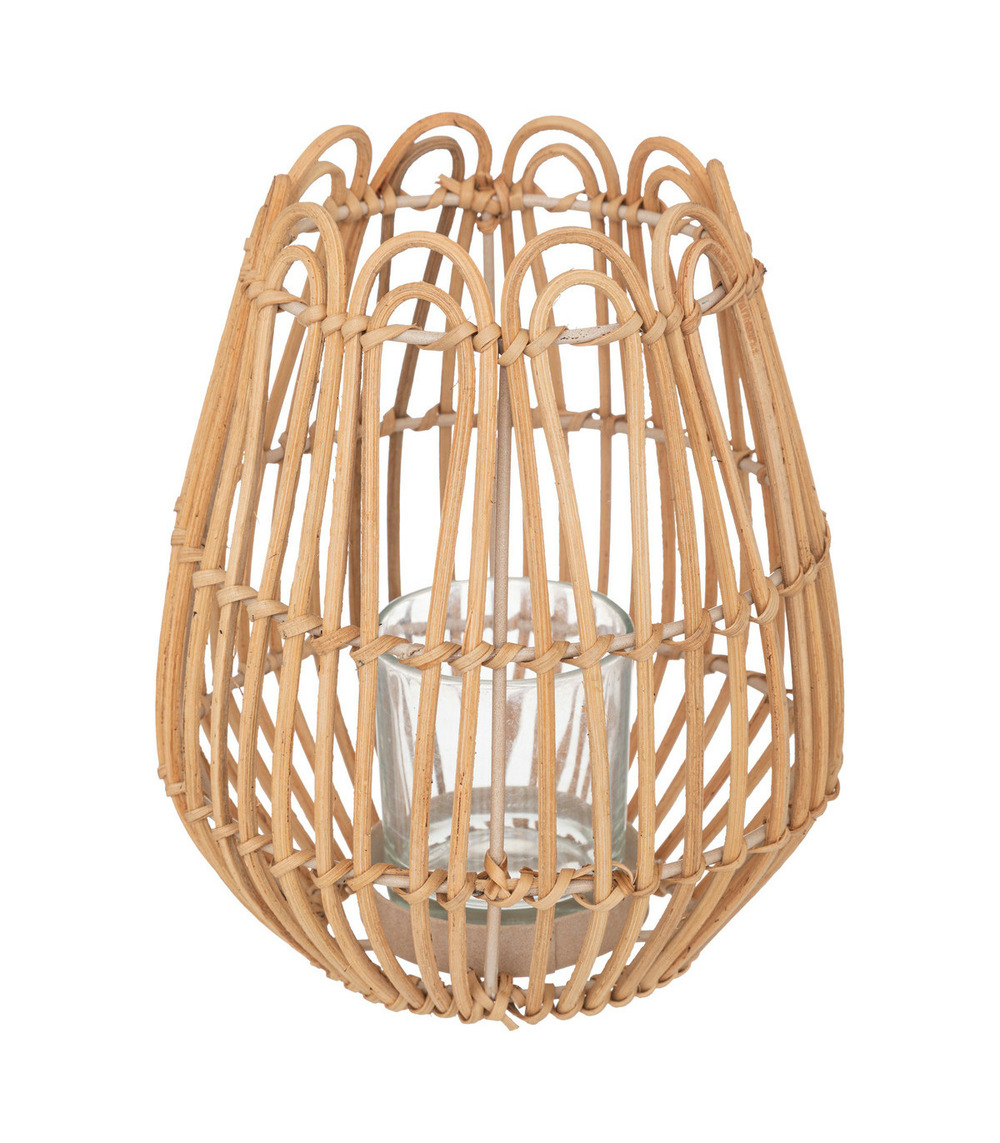 Bougeoir photophore en rotin et métal d 18 x h 22 cm