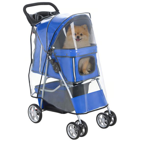 Poussette chien pliable acier et polyester balade sûre coussin lavable bleu