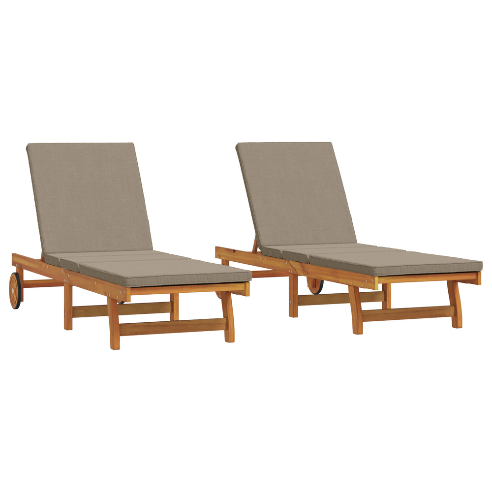Chaises longues 2 pcs avec roulettes et coussins en acacia massif