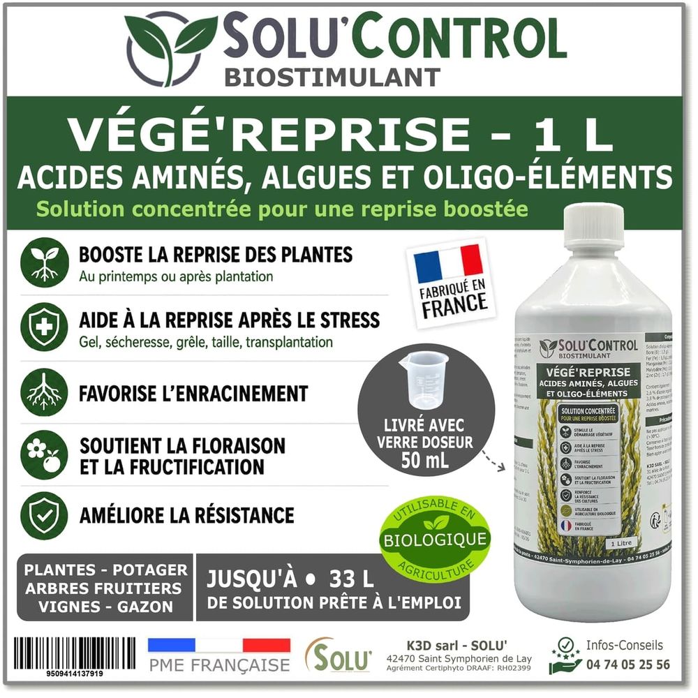 Végé'reprise 1 litre - biostimulant concentré aux acides aminés, algues et oligo-éléments solu'control - fabriqué en france - uab