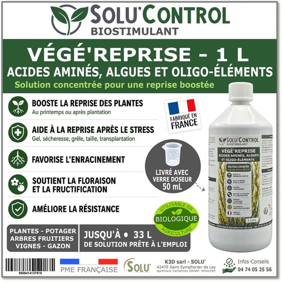 Végé'reprise 1 litre - biostimulant concentré aux acides aminés, algues et oligo-éléments solu'control - fabriqué en france - uab