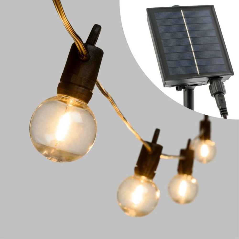 Guirlande guinguette solaire 5m 12 ampoules g40 e12 filament led blanc chaud lotti