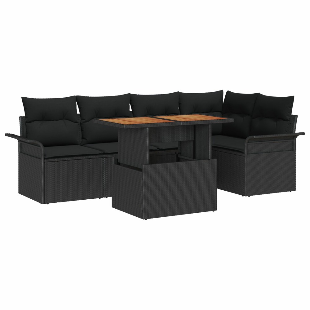 Ensemble de salle à manger de jardin de 6 pièces avec coussins noir poly rattan acacia