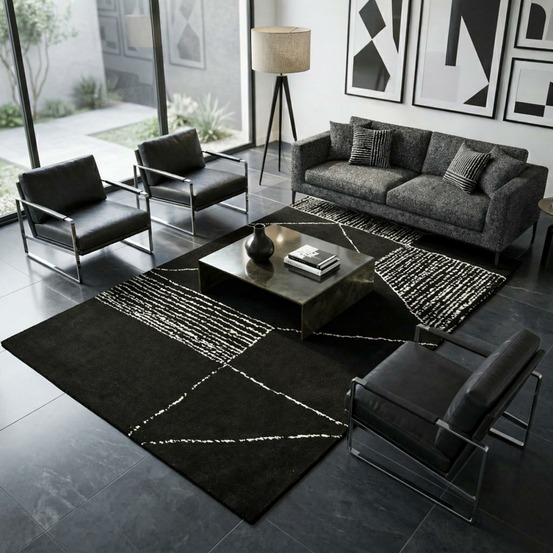 Tapis chambre 160x230 fait à la main noir et blanc rectangle motif géométrique