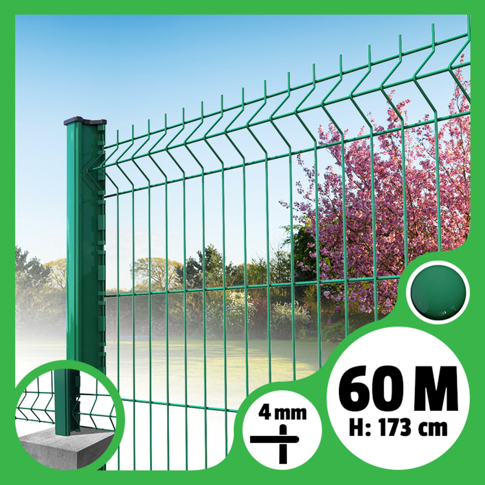 Kit grillage rigide poteaux h - longueur 60 mètres - 173 cm, vert, a sceller