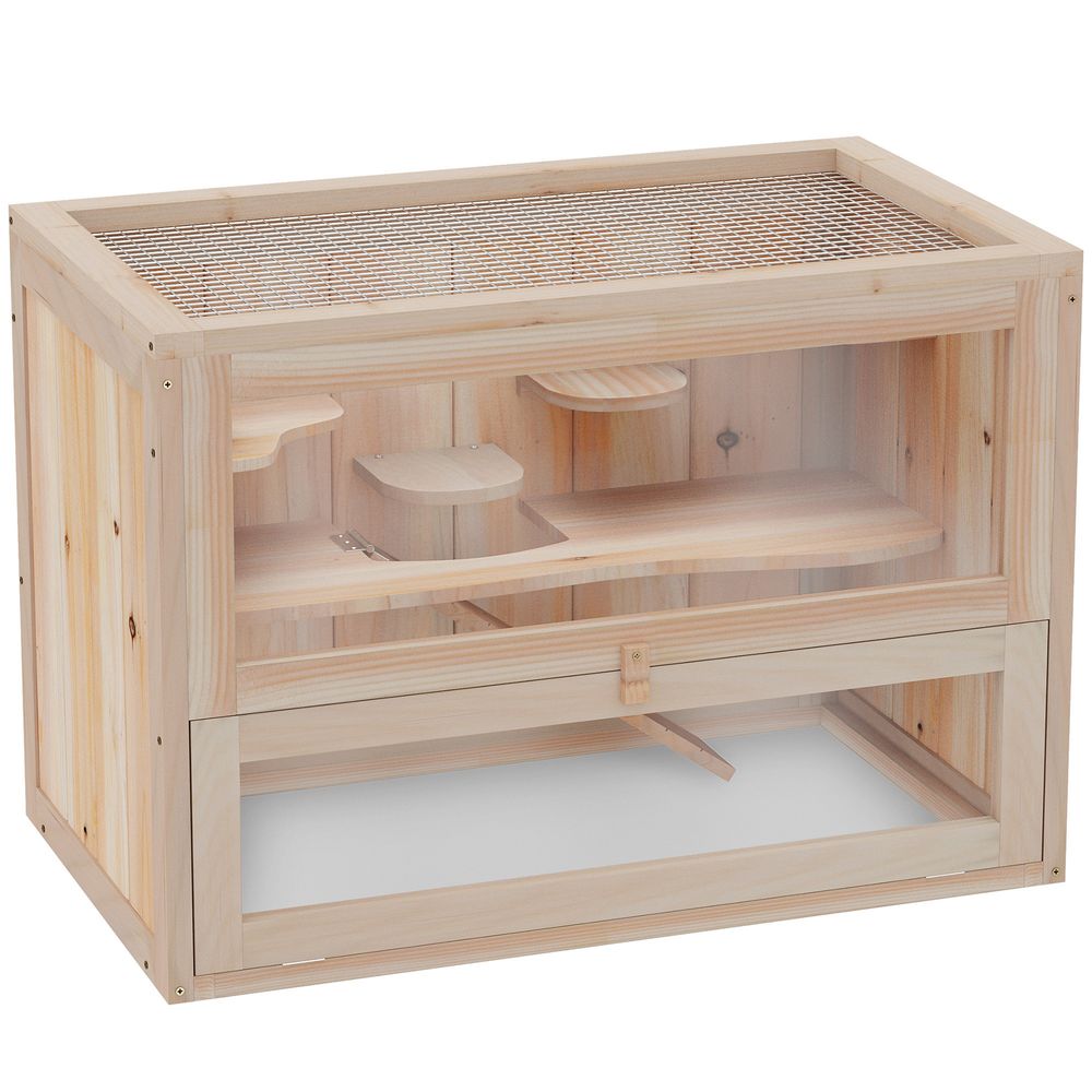 Cage pour hamster bois sapin 2 niveaux rampes jeu 60x35x42cm naturel