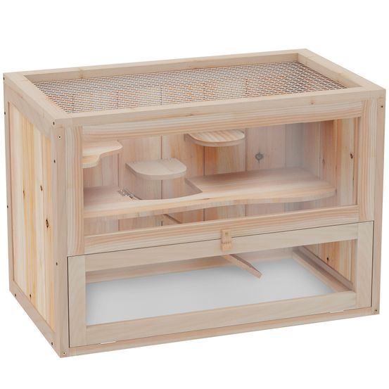 Cage pour hamster bois sapin 2 niveaux rampes jeu 60x35x42cm naturel