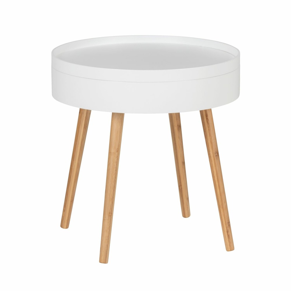 Table d'appoint ronde avec couvercle en mdf et bambou - blanc et beige