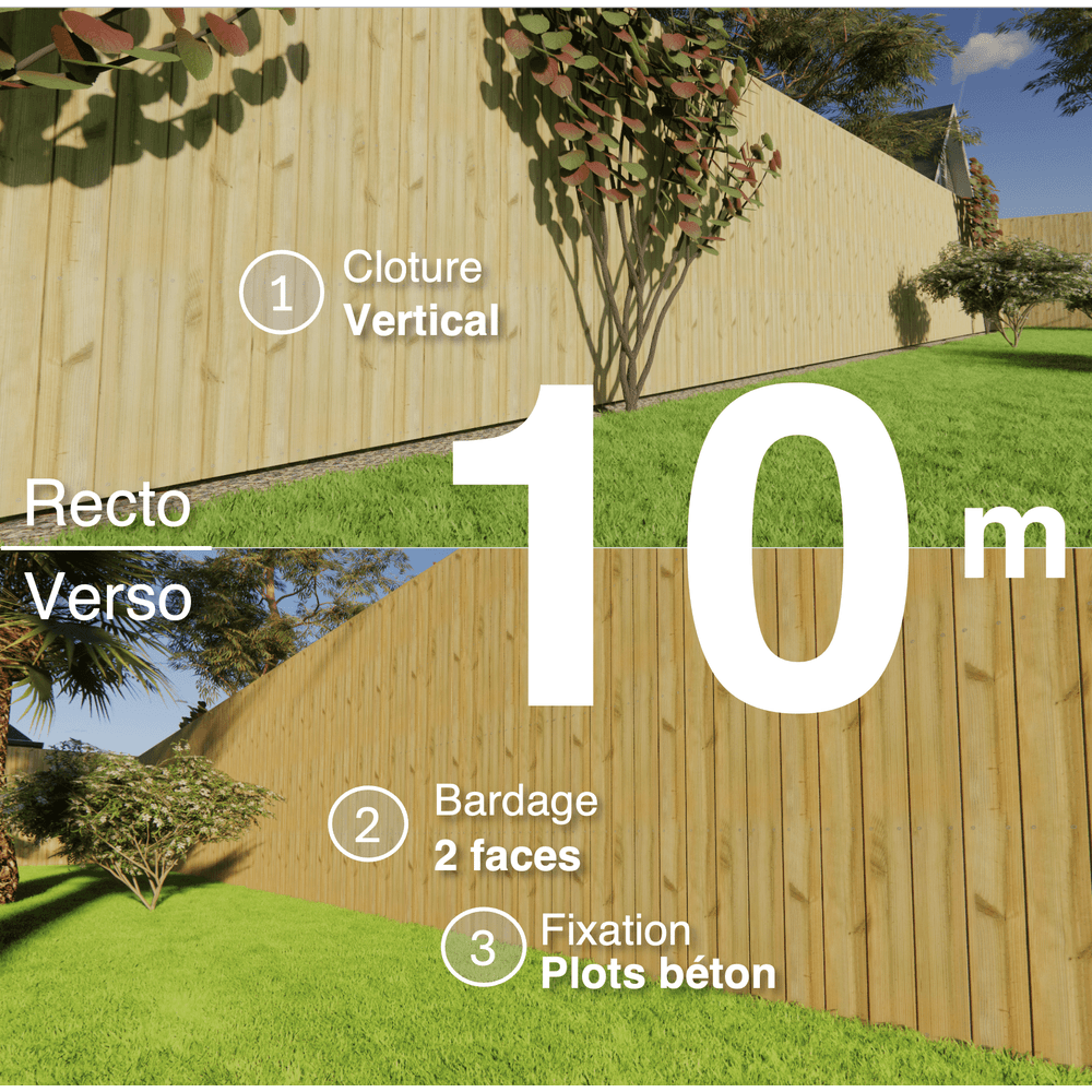 Kit clôture bois moderne 10m – h 2,3m – 21 x 130 mm autoclave vert – pose vertical – double face – à sceller