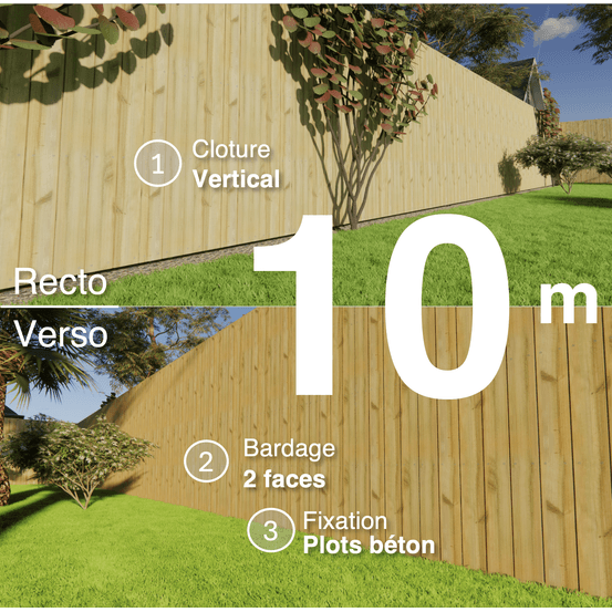Kit clôture bois moderne 10m – h 2,3m – 21 x 130 mm autoclave vert – pose vertical – double face – à sceller