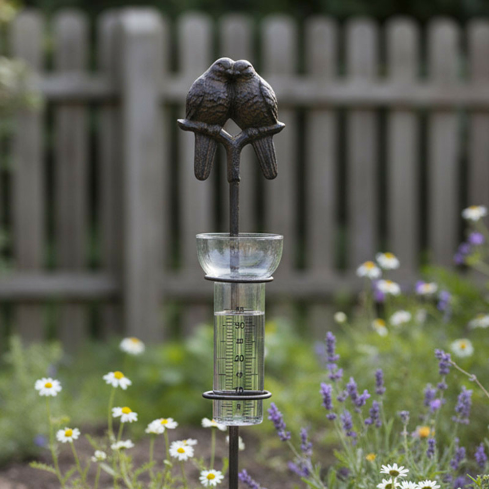 Pluviomètre jardin couple oiseaux fonte 10x10x112cm