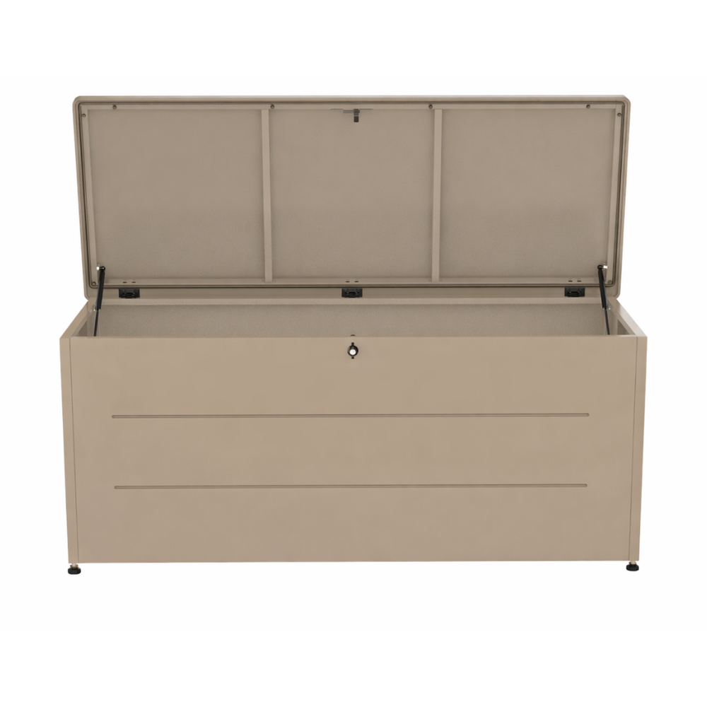Coffre de jardin 800l taupe – grand rangement en métal avec couvercle à vérin