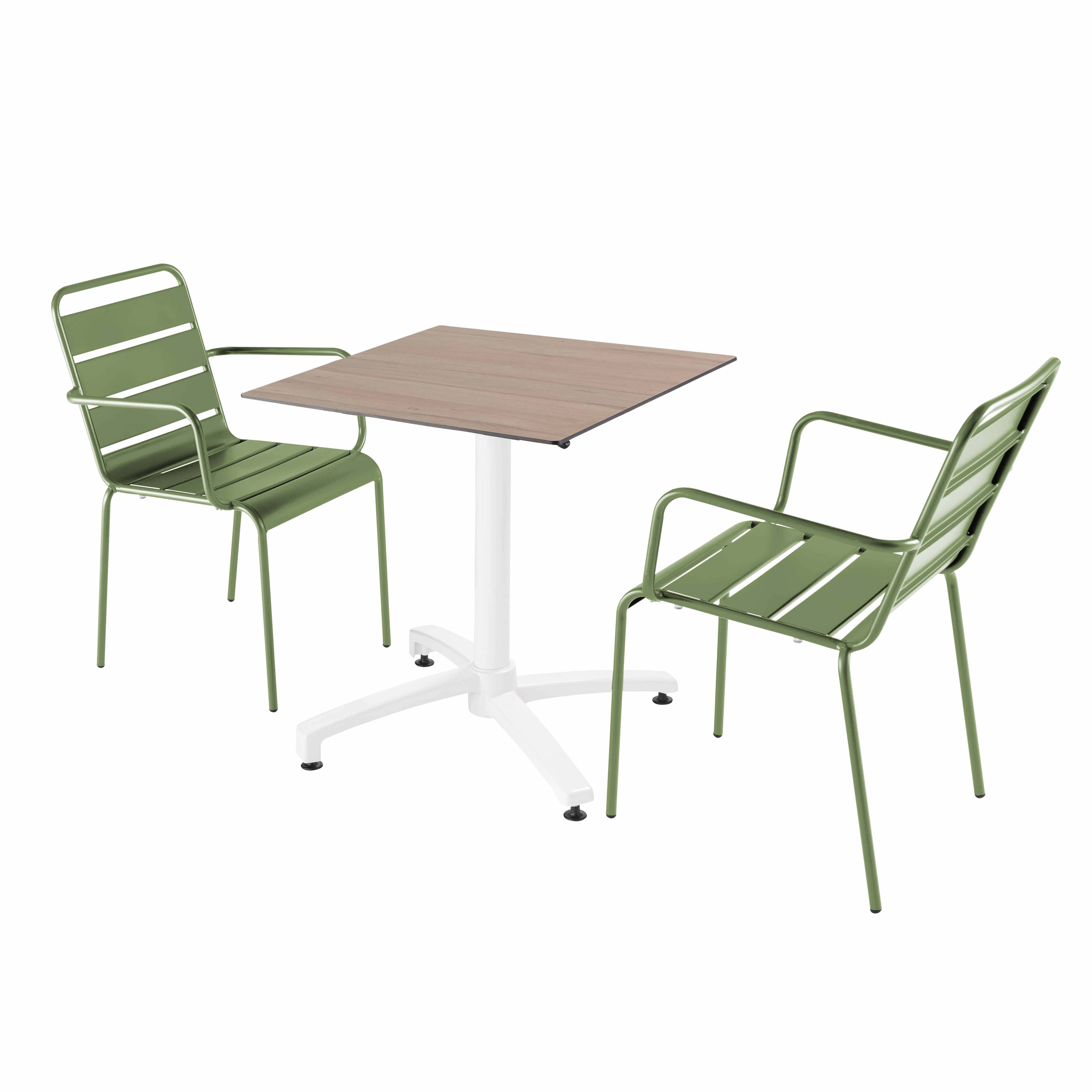 Ensemble table terrasse stratifié chêne et 2 fauteuils vert cactus
