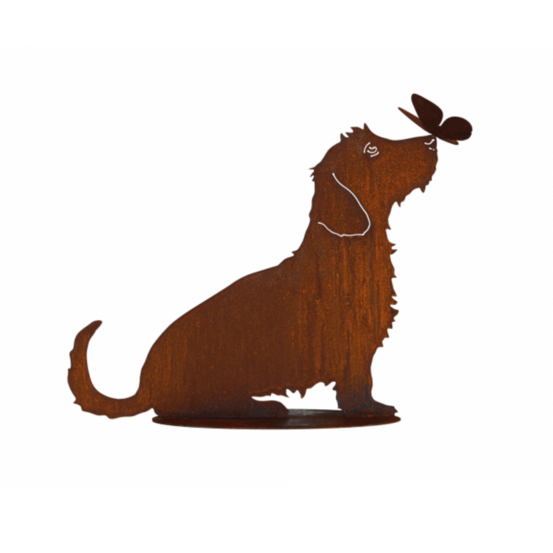 Chien teckel métal rouillé : figurine décorative de jardin - rouille