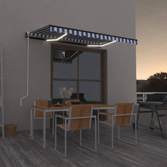 Auvent automatique capteur de vent/led 300x250 cm bleu et blanc