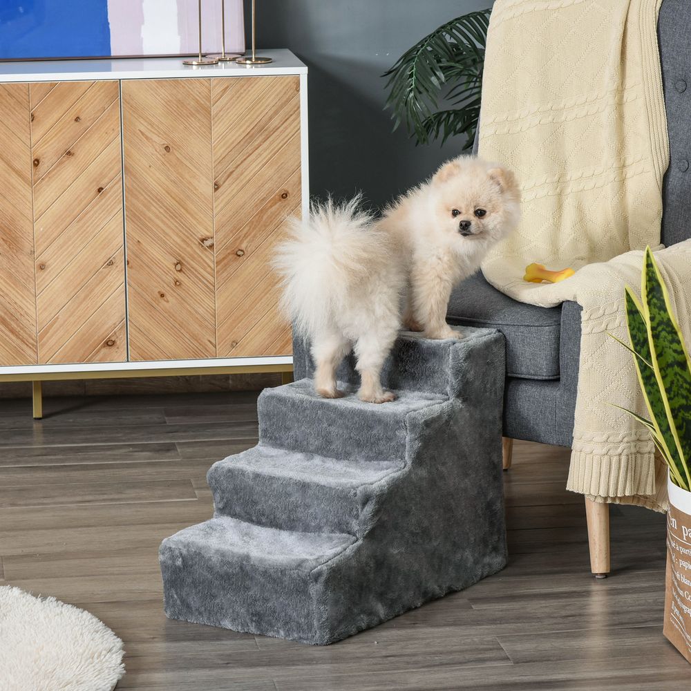 Escalier pour chien 4 marches panneaux de particules peluche 60 x 35 x 44 cm gris clair lit canapé housse lavable
